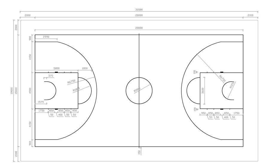 塑膠籃球場地標(biāo)準(zhǔn)尺寸圖片